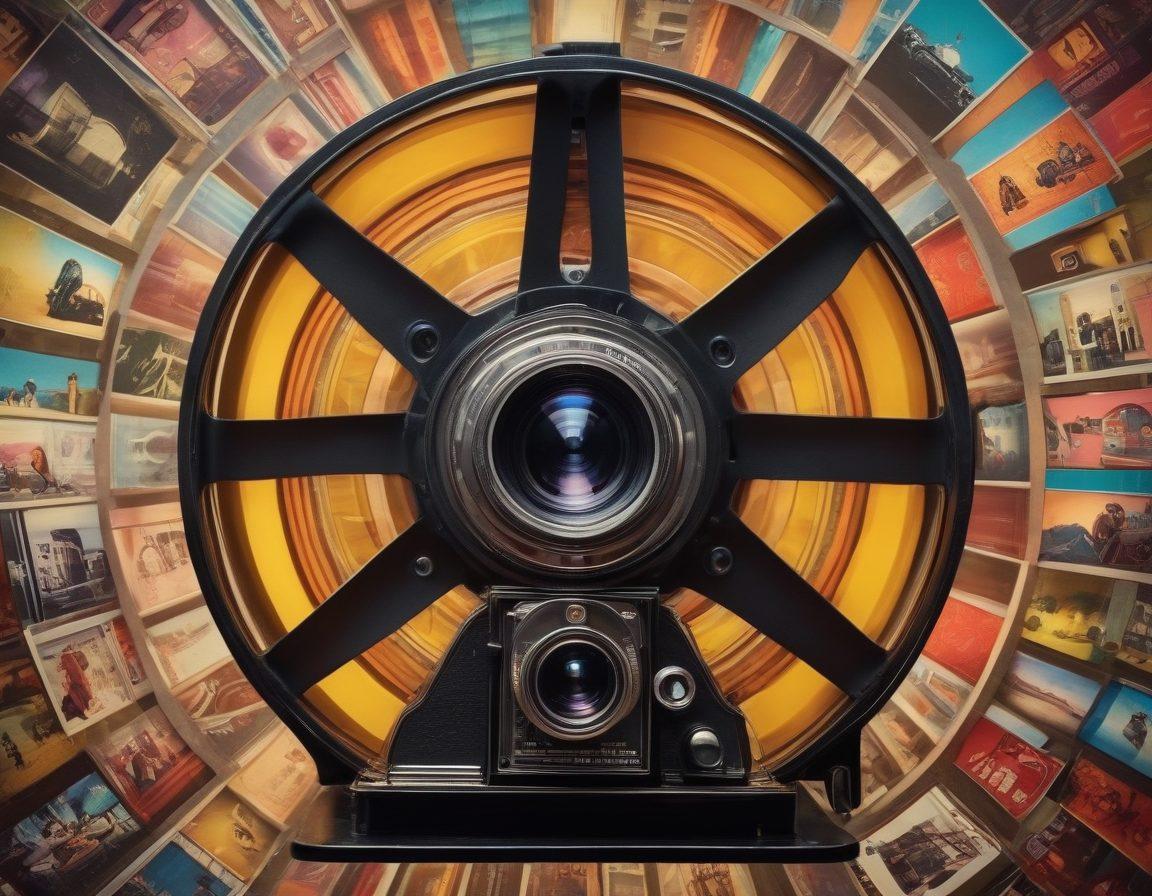 A vibrant film reel unspooling, revealing a collage of eclectic movie scenes from alternative cinema, including surreal landscapes and unique character designs. Surrounding the reel are iconic film equipment like vintage cameras and projectors, symbolizing the evolution of cinema. The background features abstract patterns and colorful film posters that reflect independent films' spirit, blending retro and modern elements. Evoke a sense of creativity and exploration in the film landscape. vibrant colors. 3D.