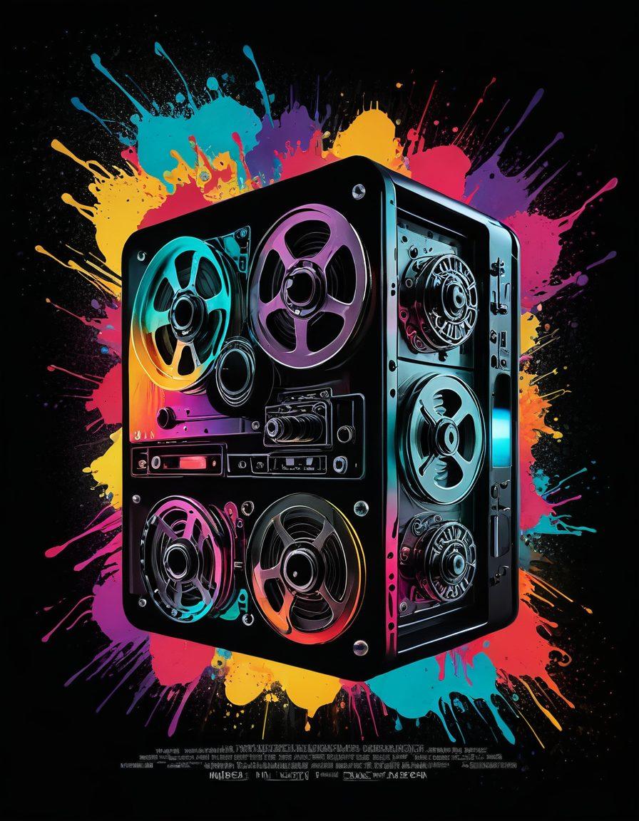 An abstract film reel twisting into unusual shapes, surrounded by vibrant splashes of color that represent different genres of alternative cinema. Elements like vintage film projectors and unconventional movie posters float around, creating a sense of exploration and creativity. The background features hints of a dark cinema with glowing screens showing snippets of bent films, inviting viewers to dive deep into the world of alternative cinema. super-realistic. vibrant colors. dark atmosphere.